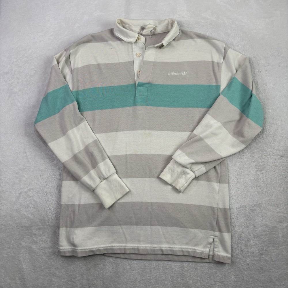 VTG Adidas Grey Striped Long Sleeve Collared Polo Rugby Shirt Men's Medium